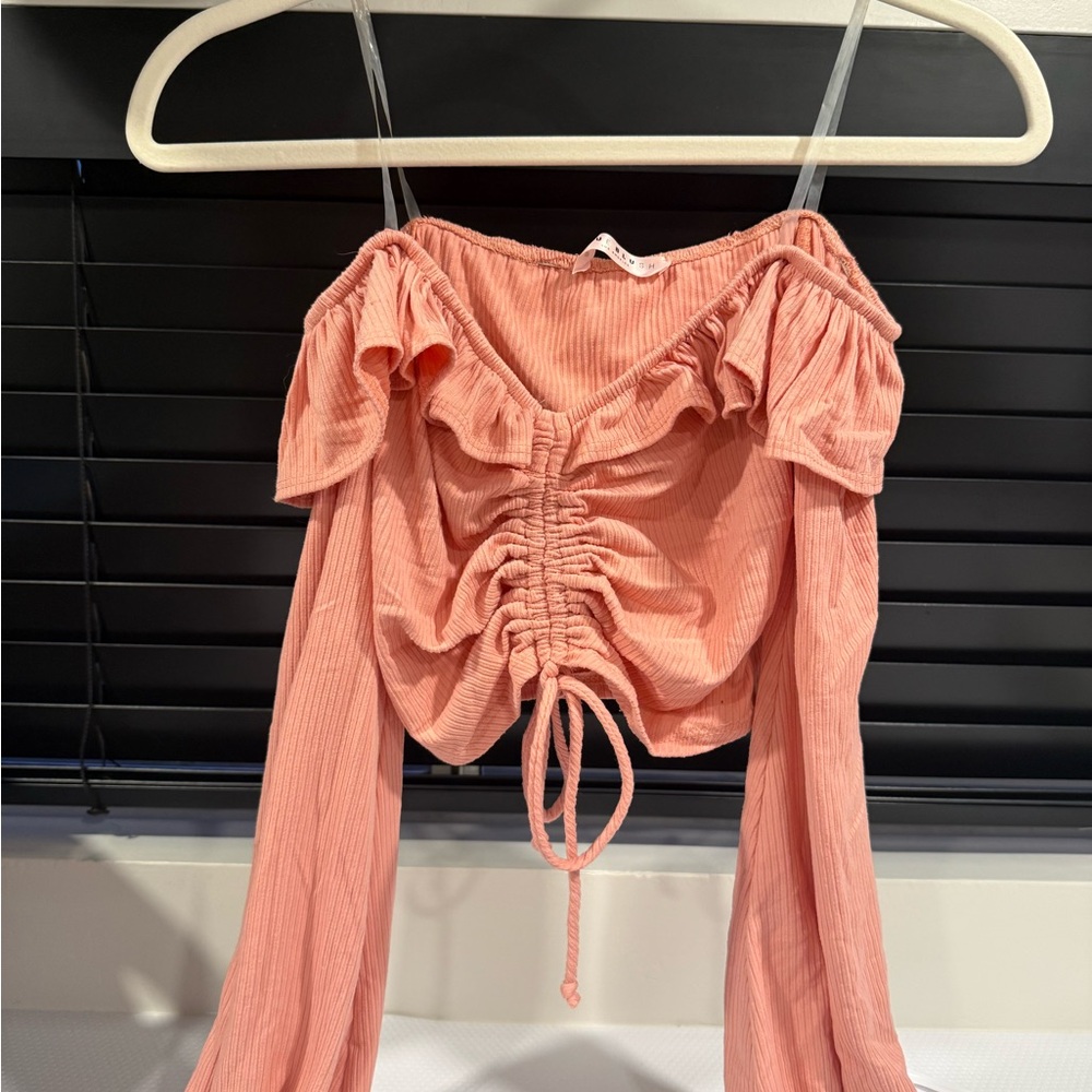Blue Blush Off-Shoulder Ruched Coral Top